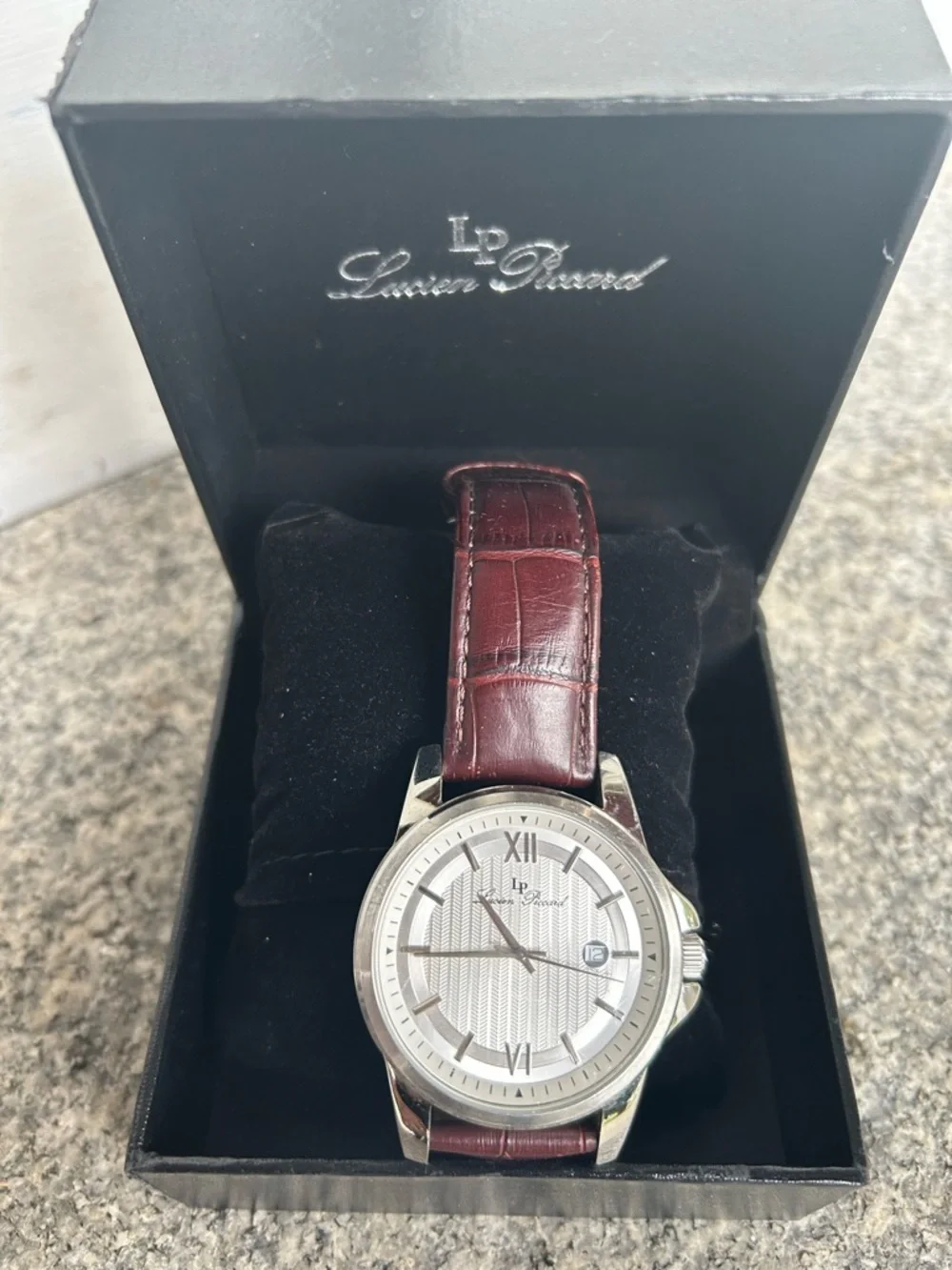 Lucien Piccard Silver Dial Watch with Burgundy Leather Strap